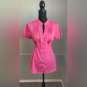 Antilia Femme Pink V Neck Button Down Ruffle Blouse Top Size L
